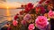 romantic wild flowers pink roses bush on sea beach at sunset