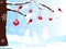 Romantic winter background with brown christmas tree, cartoon hares, red balls in white snow, Wintertime