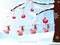 Romantic winter background with brown christmas tree, cartoon reindeers, red balls in white snow, Wintertime