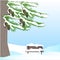 Romantic winter background with green fir tree, brown cone, bench, in white snow on blue sky