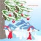 Romantic winter background with green fir tree, brown cone, mountain, fabulous gnomes