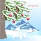 Romantic winter background with green fir tree, brown cone, mountain, red ball. rabbit, in white snow