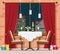 Romantic winter evening concept. Stylish vintage restaurant table with chairs. Vector illustration.