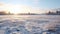 Romantic Winter Landscape: Frozen Field With Sunlight And Snowy Trees