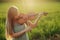 Romantic woman with loose hair playing the violin. Sunset light in nature