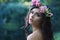 Romantic Woman with Peony Flowers Outdoors