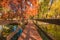 Romantic wooden bridge over Clitunno lake in the autumn season with foliage