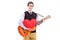 Romantic young man playing an acoustic guitar and holding a red