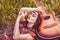 Romantic youth girl travelling with her guitar