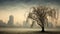 Romanticized Cityscape: Dreamy Tree In An Ethereal And Otherworldly Atmosphere