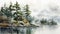 Romanticized Watercolor Painting Of Pine Trees And Lake