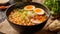 romatic ramen bowl, a steaming symphony of flavors. Thin noodles entwined in savory broth, adorned with vibrant veggies