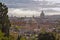 Rome city skyline after rain. Church and towers in background with cloudy sky.