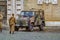 Rome, Italy Army vehicle with military personnel at tourist site.