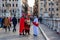 Rome, Italy - January 10, 2019: Men in Roman soldier costumes the Saint Angel bridge in Rome, Italy