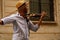 Rome, Italy - July 27, 2020: Italian street violinist of a band