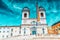 ROME, ITALY - MAY 10, 2017 : Trinita dei Monti church, Fraternita Monastica Delle Sorelle Di Gerusalemme and Obelisco Sallustiano