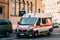 Rome, Italy. Moving With Siren Emergency Ambulance Reanimation Van Fiat Car On Street. Emergency Lights System Els