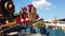 Rome, Italy - october 2021: families and kids having fun at attraction Cinecitta World funfair