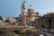 Rome, Italy - view of architectural ruins at Roman Forum. Heart of Ancient Rome. Plaza with government buildings.