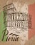 Rome label with hand drawn Coliseum, lettering Rome and italian flag