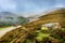 Roncesvalles, Spain - The Way Marking Post with  Yellow Arrow Sign in the Pyrenean Mountains Guiding Pilgrims on the Camino