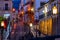 Ronda, Malaga province, Spain - April 03, 2023: Romantic mood of a narrow city street before sunrise