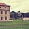 Ronov hill on background with Lock, Basketball basket and stone wall in czech village Stvolinky in tourist area Machuv kraj during