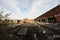 Roof construction, areas covered with roofing paper from a large building. Photographed with 8mm objective, fish eye