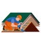 Roof construction worker repair home, build structure fixing rooftop tile house with labor equipment, roofer men