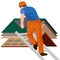 Roof construction worker repair home, build structure fixing rooftop tile house with labor equipment, roofer men with