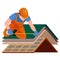 Roof construction worker repair home, build structure fixing rooftop tile house with labor equipment, roofer men with
