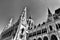 Roof and cupola and towers of the Hungarian Parliament. black and white photo.