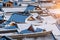 Roof of Jeonju traditional Korean village covered with snow, Jeonju Hanok village in winter, Korea.