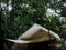 The roof of the large white glamping tent with light bulb in the tropical rainforest.