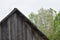 The roof of an old barn in the village against the background of green trees