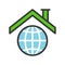 Roof on planet earth icon, filled outline flat design about glob