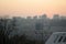 Roof of stadium and cityscape behind on city background. Soccer stadium