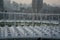 Roof of stadium and cityscape behind on city background. Soccer stadium