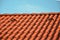 Roof tile, or painted concrete, orange with ventilation and a top row on the ridge. blue sky, side view