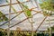 Roof of white cotton clothes texture decorated in a modern trade market tent in Northern Thai style. Exterior design by bamboo