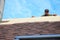 Roofer laying asphalt shingles on house roof.  Roofer with protection rope, safety kit on the house roof top installing, repair as