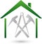 Roofing tools and house, construction and roofing logo