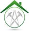 Roofing tools and house, construction and roofing logo