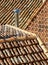 The roofs of several houses with their orange tiles and a chrome steel heating chimney for the stove