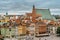 Rooftop aerial view of Royal Castle,Castle Square and Old Town,Warsaw,Poland.Historic downtown with colorful Renaissance and