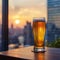 Rooftop ambiance beer glass on table with city backdrop