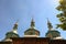 The rooftop of ancient wooden church at sunny spring day. Pereyaslav-Khmelnitsky Museum of Folk Architecture and Life