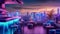 A rooftop bar with sleek modern furniture and a stunning view of the city skyline at night