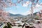 Rooftop and cherry blossom branch view of Shangrila Old town , Shangri-la , Zhongdian , Yunnan province , China - Traditional Arch